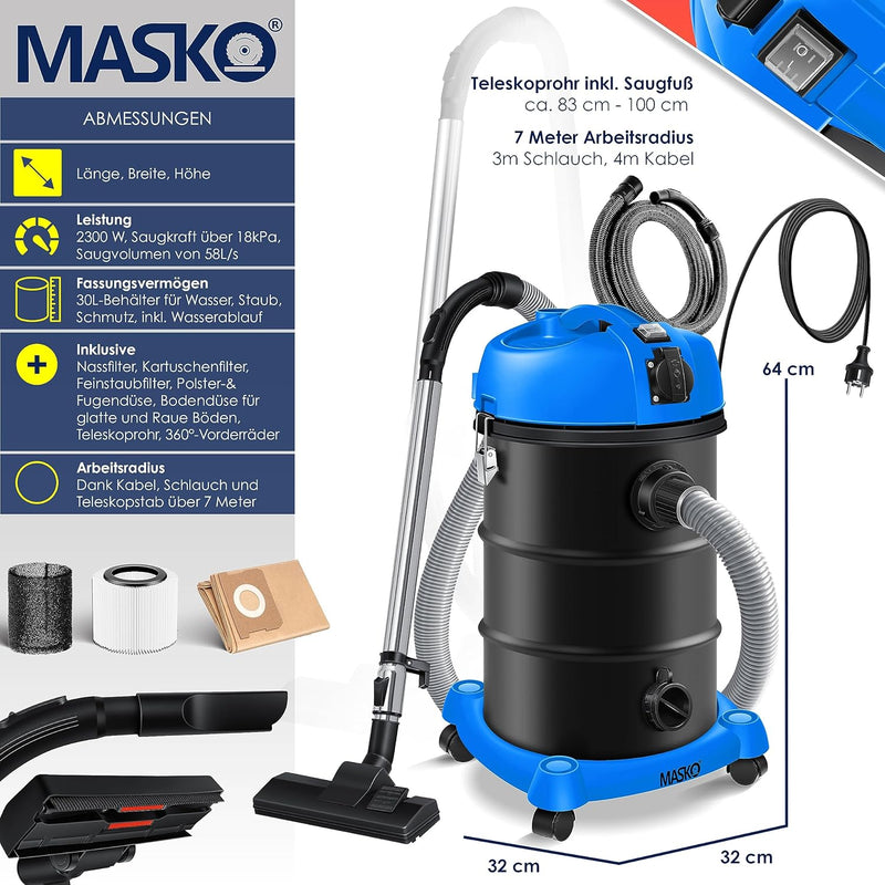 Masko® 6IN1 Industriestaubsauger Staubsauger Nass Trocken Sauger Aschesauger 2300W + Steckdose✓ Blas