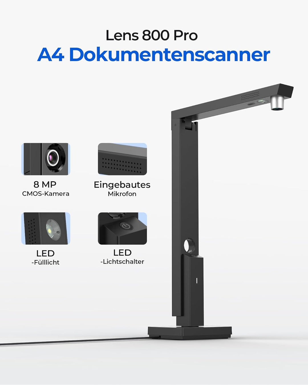 CZUR 8MP USB-Dokumentenkamera und Visualizer, A4 Dokumentenscanner tragbarer Scanner, für Lehr- und