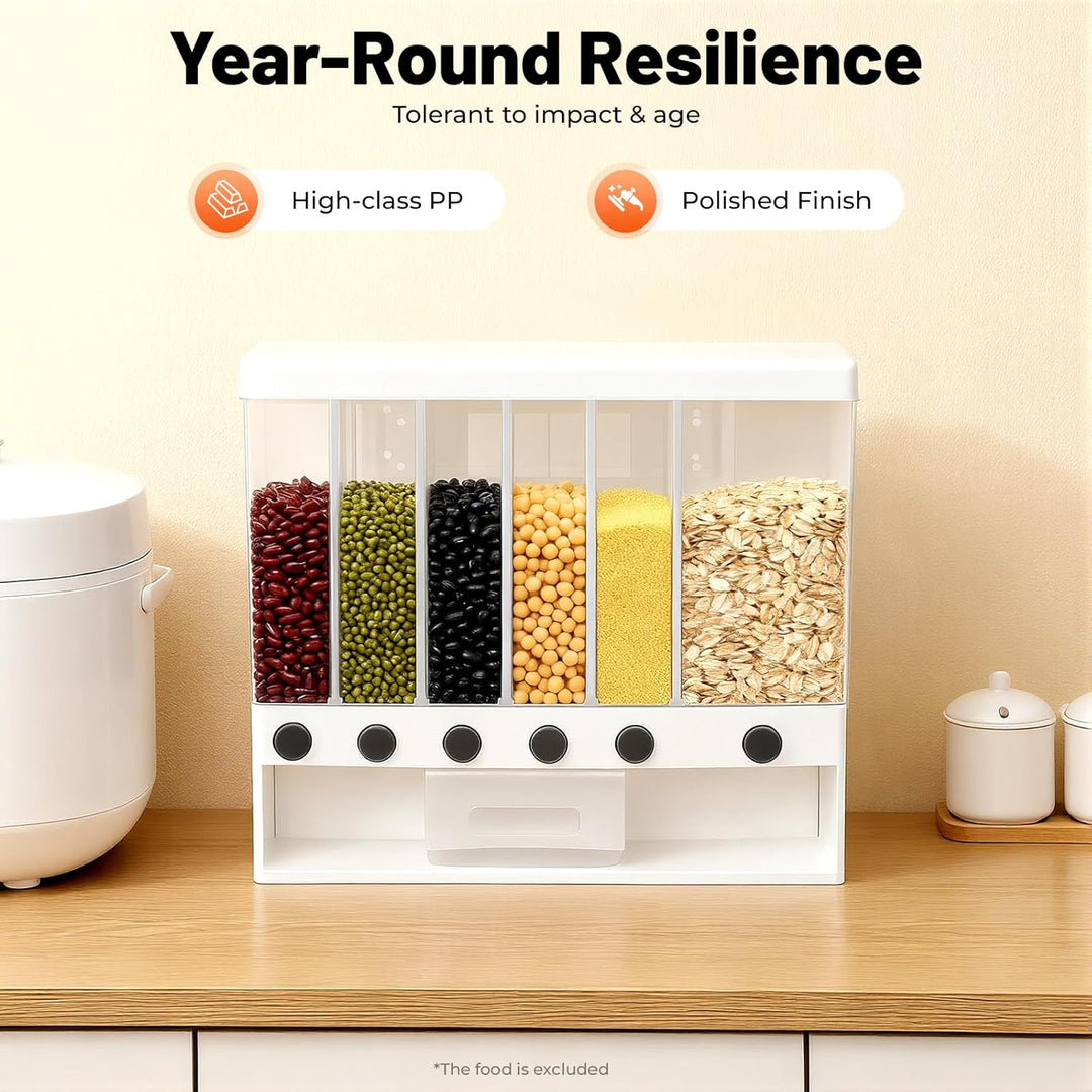 Reisspender, Müslispender mit 6 Fächern, Vorratsbehälter für Cerealien, 10 Liter Lebensmittelaufbewa