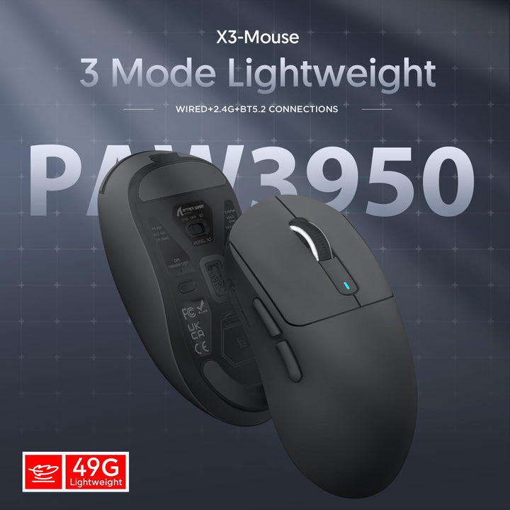 ATTACK SHARK X3MAX 49g SUPERLIGHT Mouse with Tape, PixArt PAW3950 Gaming Sensor, BT/2.4G Wireless/Wi
