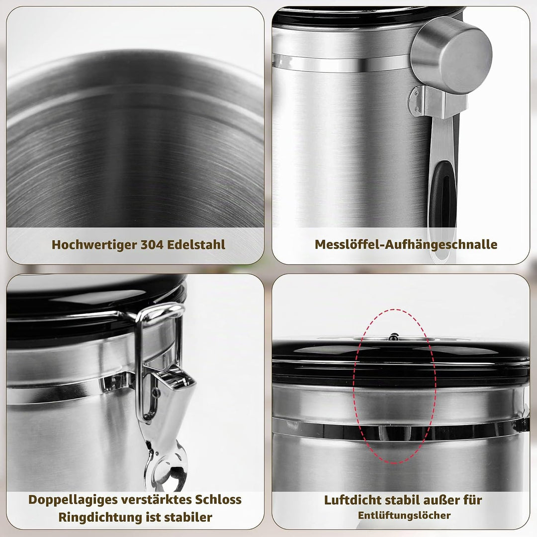 Kaffeedose 500g Bohnen Kaffeedose Luftdicht 1500ml mit Löffel und Kalenderrad, Edelstahl Kaffee Dose