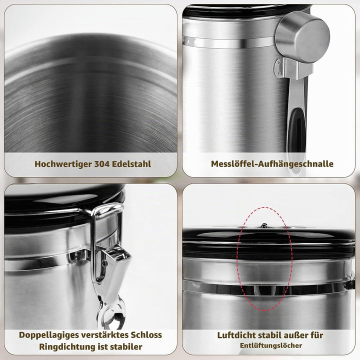 Kaffeedose 500g Bohnen Kaffeedose Luftdicht 1500ml mit Löffel und Kalenderrad, Edelstahl Kaffee Dose