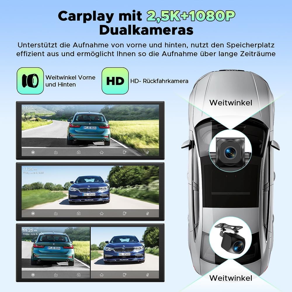 LAMTTO Wireless CarPlay Android Auto Display 10,25 Zoll In-Cell Touchscreen Car Play mit Dashcam 2.5