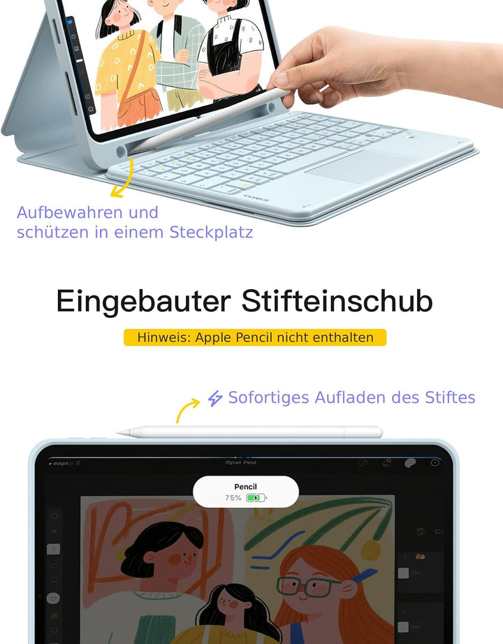 Inateck Hülle mit Tastatur iPad A16/10. Gen, 3 Bluetooth-Kanäle | Kompatibel mit iPad Air 11" M4/M3/