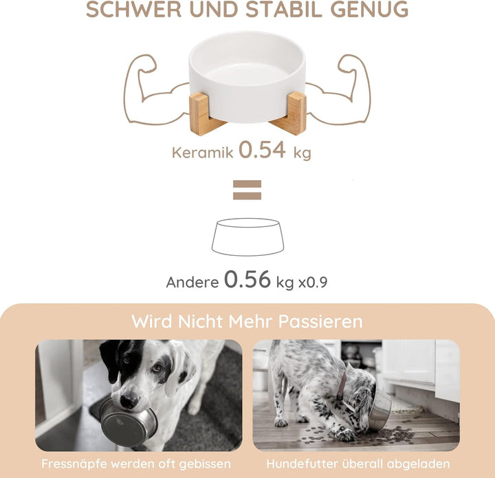 SPUNKYJUNKY Keramik Futternapf mit Bambus Ständer für Katzen und kleine Hunde (400ml, Weiss-Einzel)