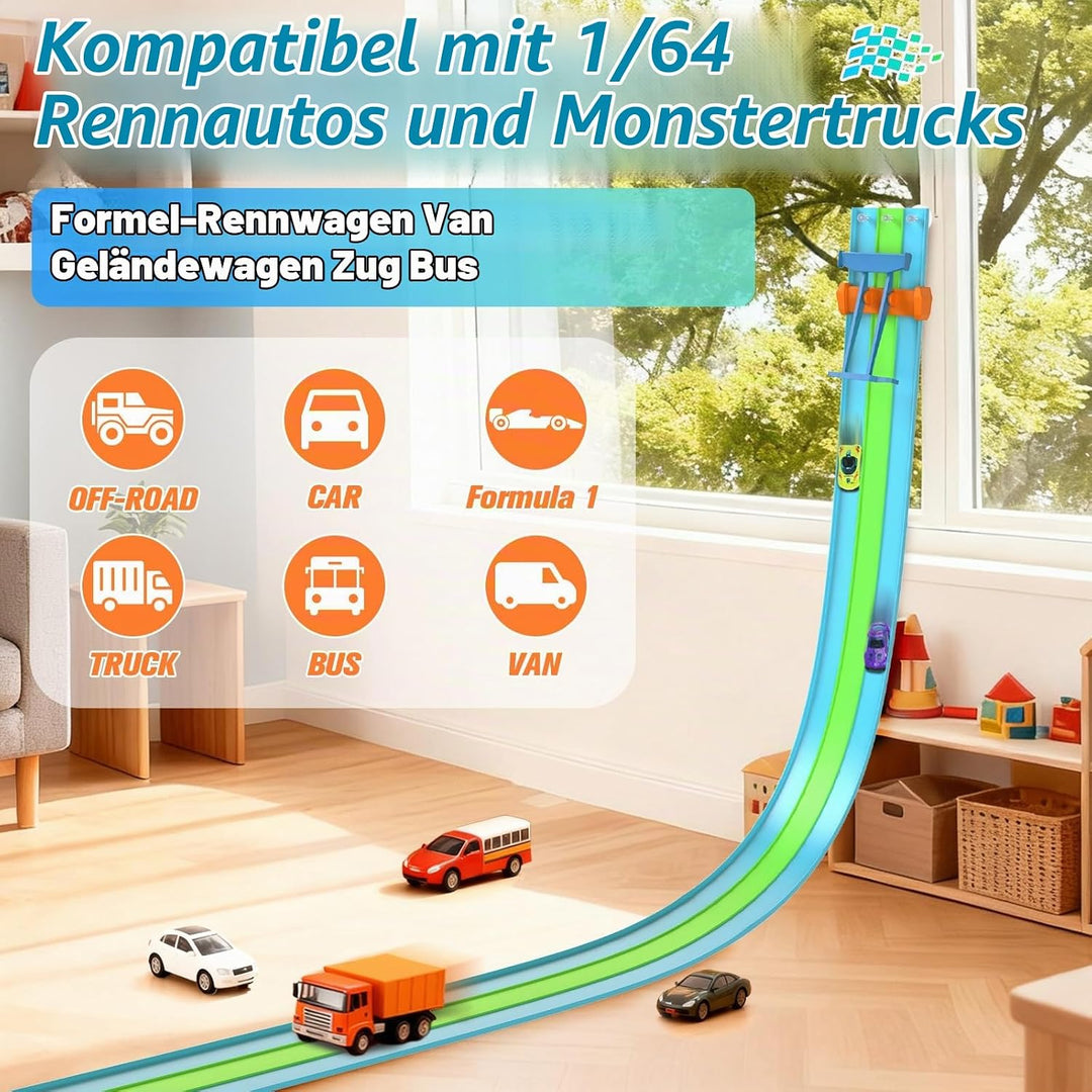ACELIFE Flexible Autorennbahnen, 4.5M Autorennbahn Inklusive 6 Autos Tragbare Dreispurige Rennstreck
