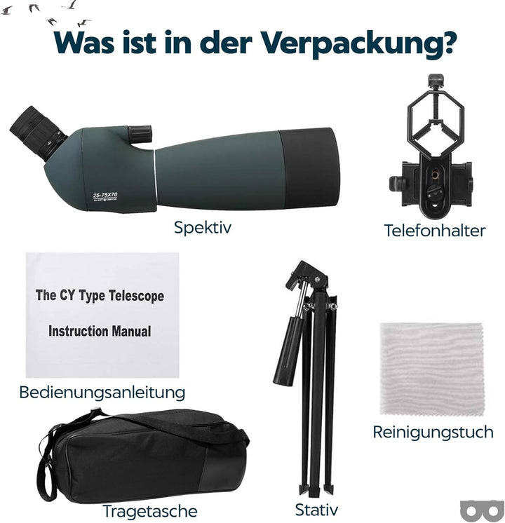 Spektiv 25x75 | High-Definition-Zoom | Wasserdicht & stossfest | FMC BaK-4 Prisma | Stativ- und Tele