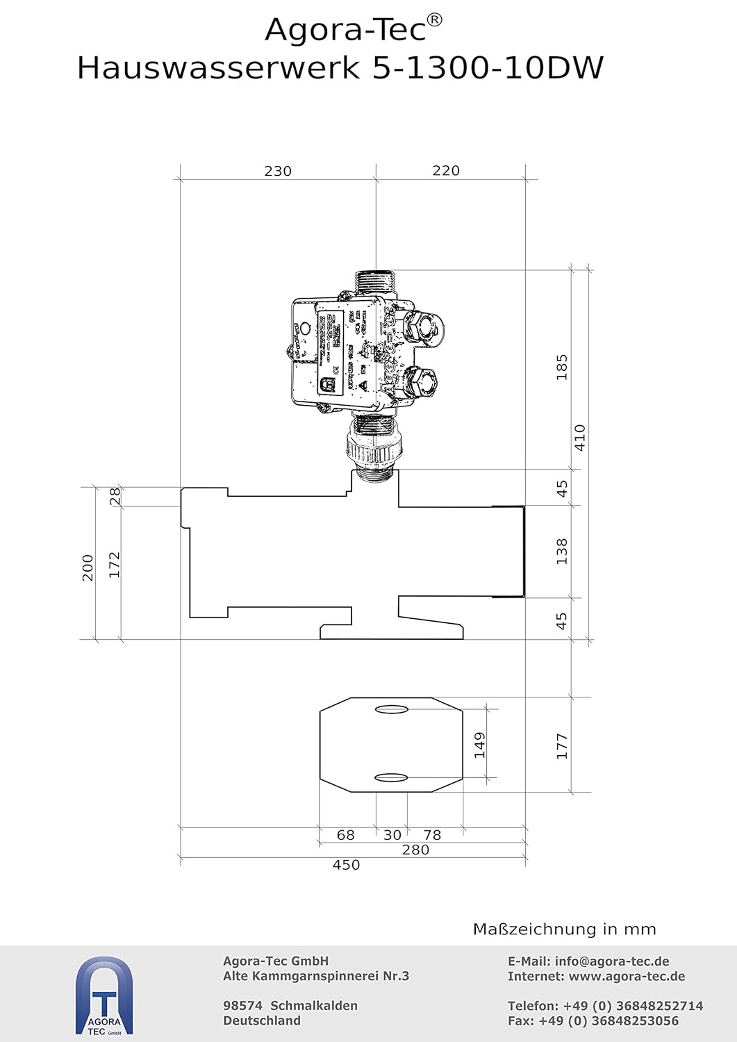 Agora-Tec® AT-Hauswasserwerk-5-1300-10DW, 5 stufige Kreiselpumpe mit max: 5,6 bar und max: 5400l/h u