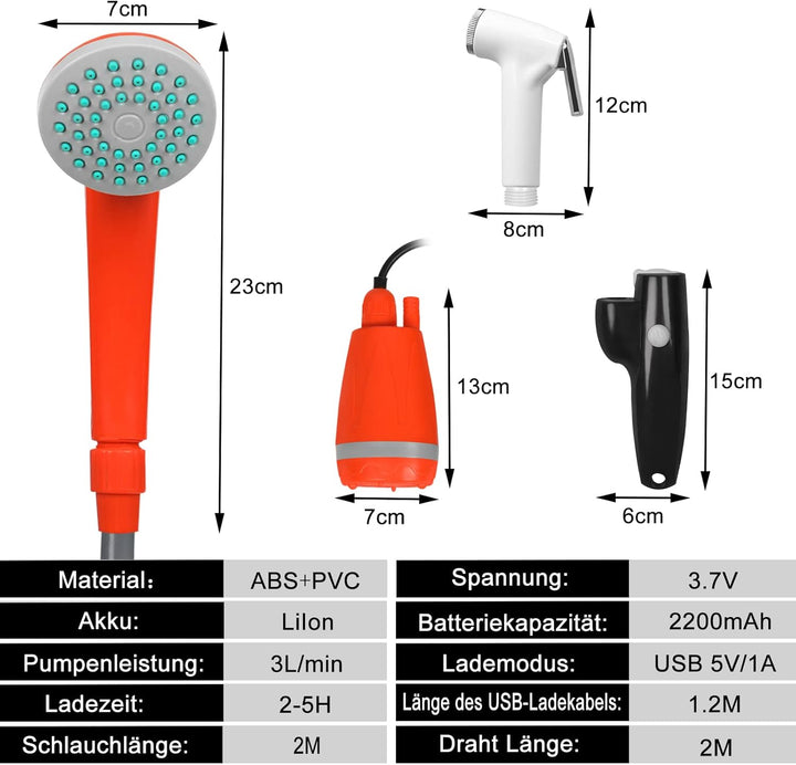 FIVMEN Campingdusche Camping Dusche Outdoor mit Pumpe 2200mAh Akku Haken und Saugnäpfe, Camping Show