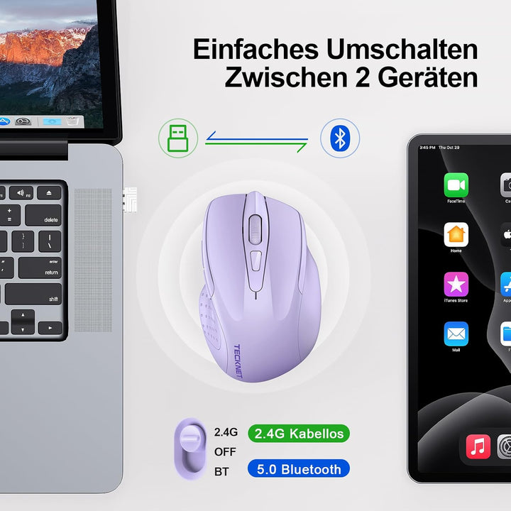 TECKNET Bluetooth Maus, Wiederaufladbare Maus Kabellos(DREI Modi: BT 5.0/3.0 + 2.4G), 4800 DPI, Ergo