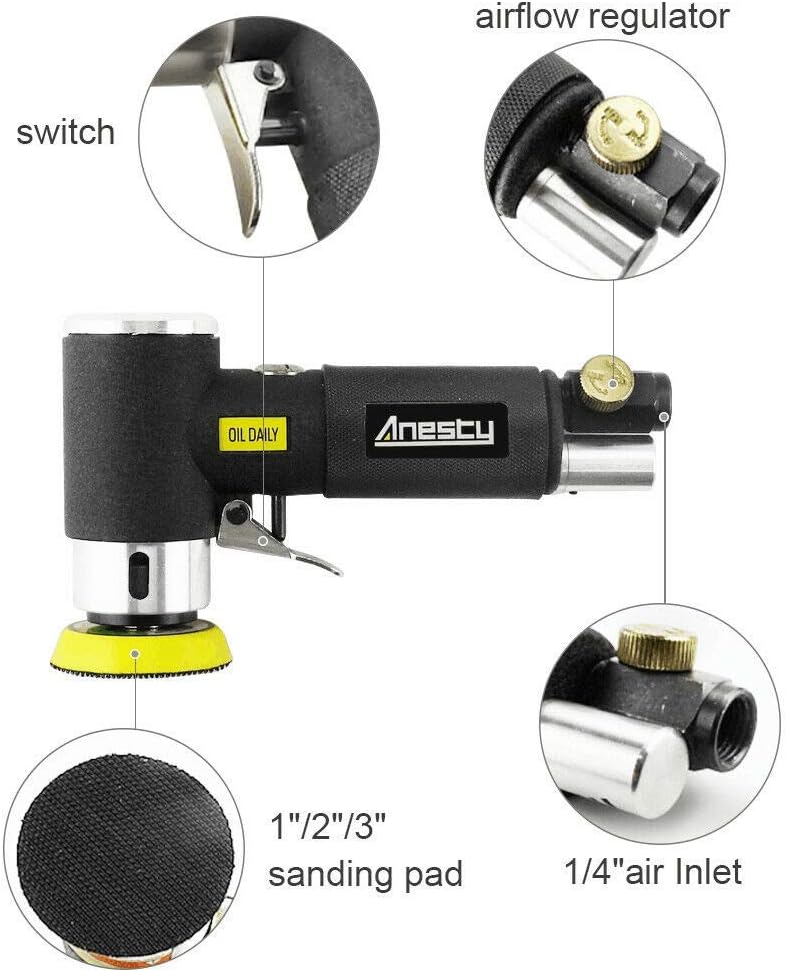 Anesty Mini Exzenterschleifer Druckluft Mini Exzenterschleifer 25mm/50mm/75mm Air Sander 1"/ 2"/3" K