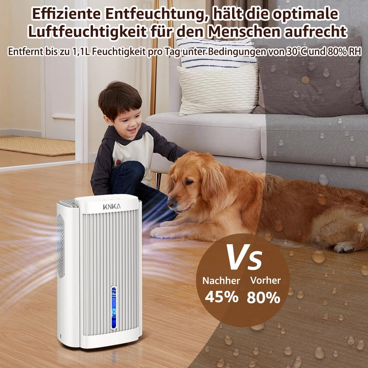 KNKA Luftentfeuchter, Luftentfeuchter Elektrisch, 1,1 l, Raumentfeuchter unter 28dB für 30m² Wohnung