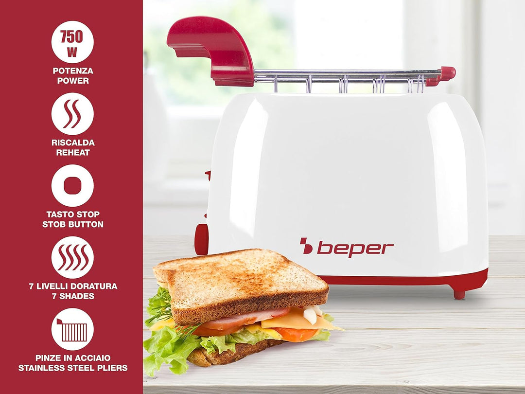 BEPER P101TOS100 Toaster mit Edelstahlzange, 7 Bräunungsstufen, Krümelschublade, 2 breite Schlitze