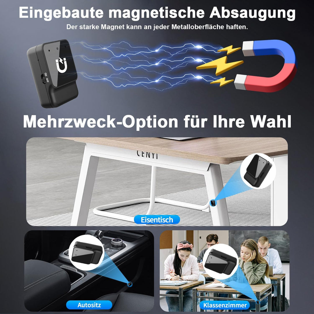 64GB Diktiergerät Mini - Tragbares USB-C Aufnahmegerät, Geräuschreduzierung, Magnetisch, One Touch D