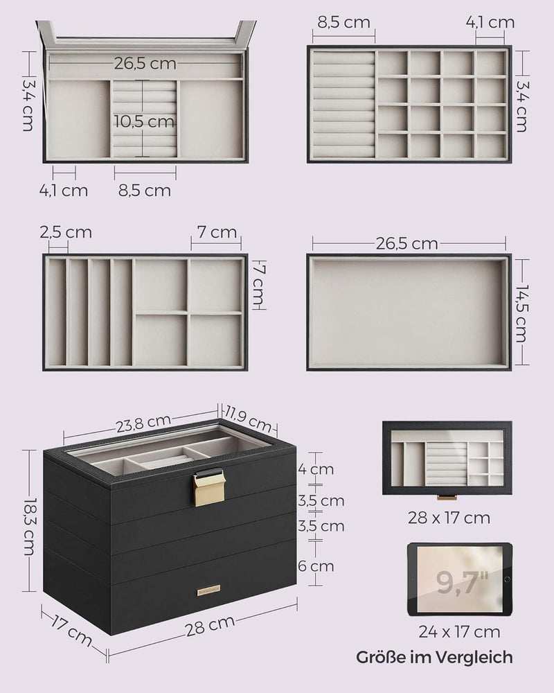 SONGMICS Schmuckkästchen 4 Ebenen, Schmucktablett stapelbar, Schmuckkasten gross, Schmuckbox mit Gla