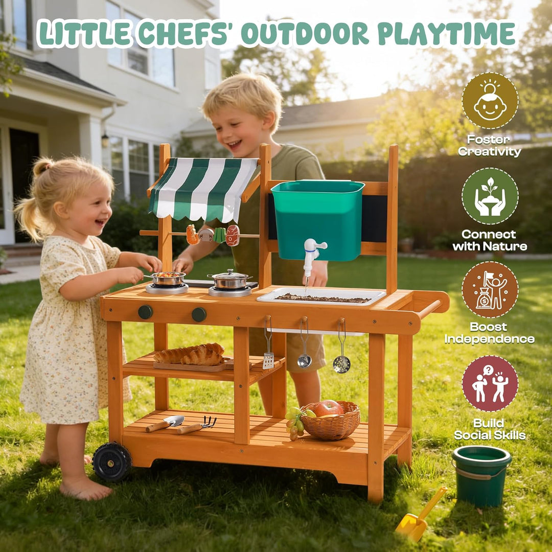 ROBUD Matschküche Kinder Outdoor, Holz Spielküche mit Rädern, Grill, grossem Wassertank & Echtem Was