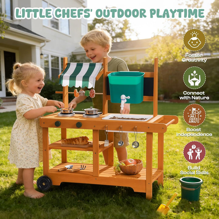 ROBUD Matschküche Kinder Outdoor, Holz Spielküche mit Rädern, Grill, grossem Wassertank & Echtem Was
