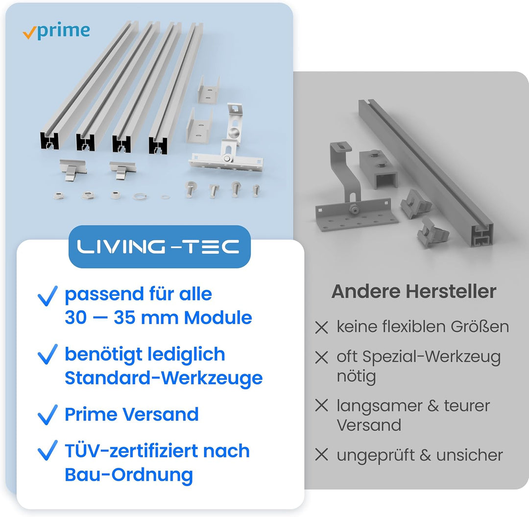 LIVING TEC® Halterung Balkonkraftwerk für Ziegeldach Komplettset für 30 & 35mm Module - Solarpanel H