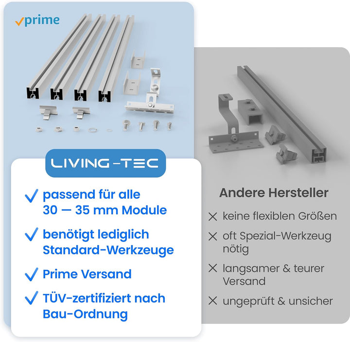 LIVING TEC® Halterung Balkonkraftwerk für Ziegeldach Komplettset für 30 & 35mm Module - Solarpanel H