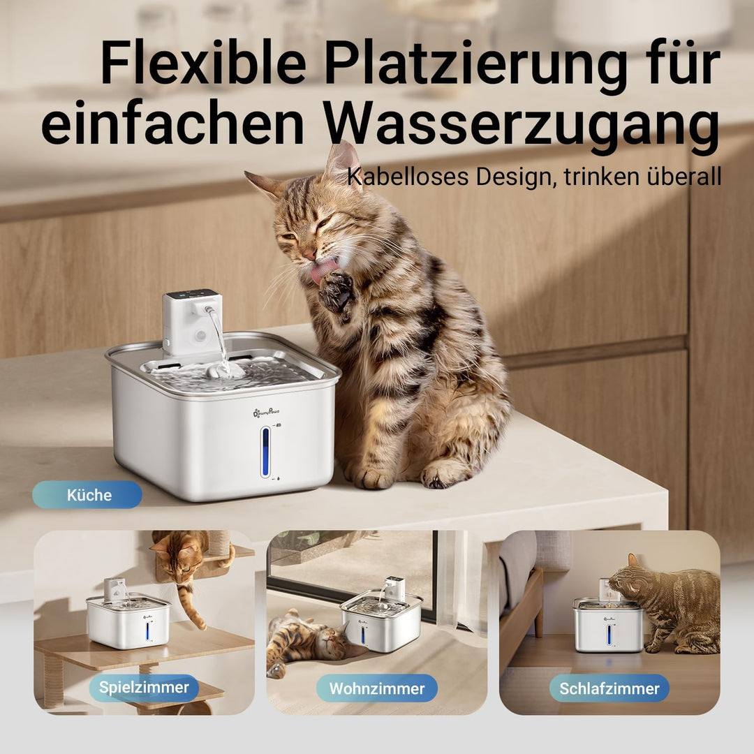 DownyPaws Katzenbrunnen Edelstahl Kabellos, Trinkbrunnen für Katze Edelstahl mit Bewegungsmelder und