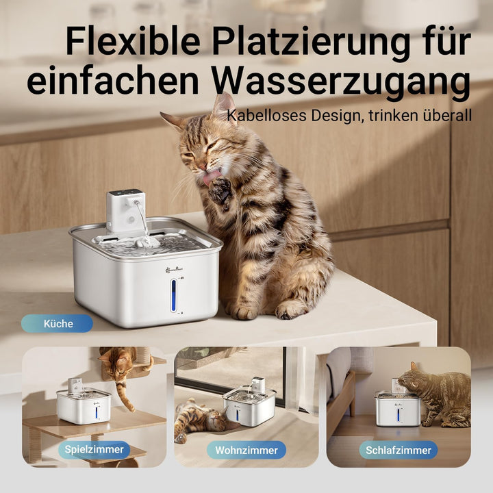 DownyPaws Katzenbrunnen Edelstahl Kabellos, Trinkbrunnen für Katze Edelstahl mit Bewegungsmelder und