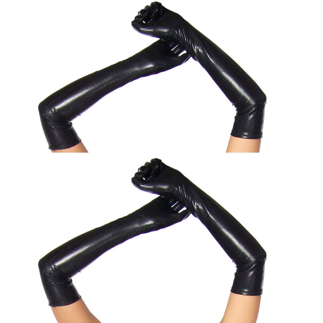 krautwear® Damen Lange Glänzende Wet Look Leder-Optik Handschuhe Abendhandschuhe ca. 53 cm lang schw