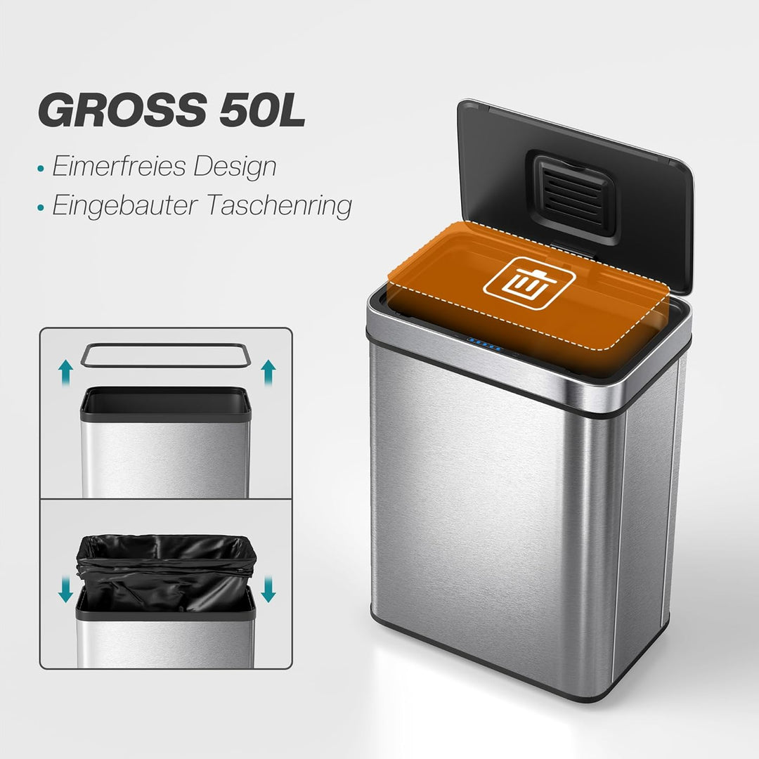 HOMCOM Mülleimer mit Sensor 50L Edelstahl Leiser Automatischer Abfalleimer mit Soft-Close-Deckel, Fi