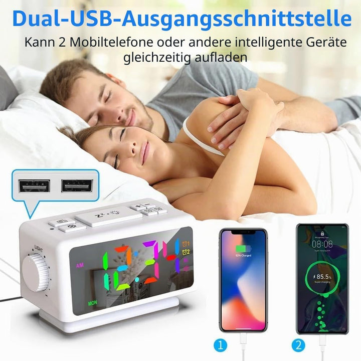 DollaTek Multifunktionaler FM Radio Wecker RGB Spiegel LED Digitalanzeige Desktop Ladeuhr mit Dual U