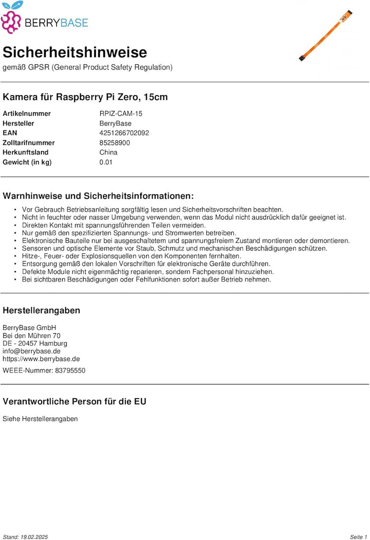 BerryBase Kamera für Raspberry Pi Zero, 15cm