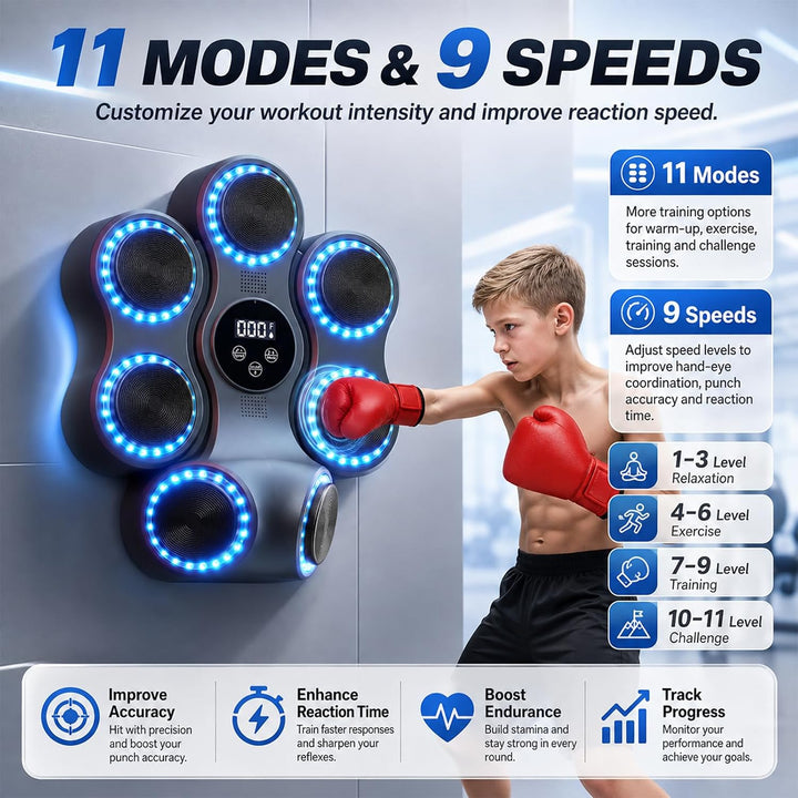 Music Boxing Machine mit Bluetooth, LED, 7 Zielen und 9 Geschwindigkeiten