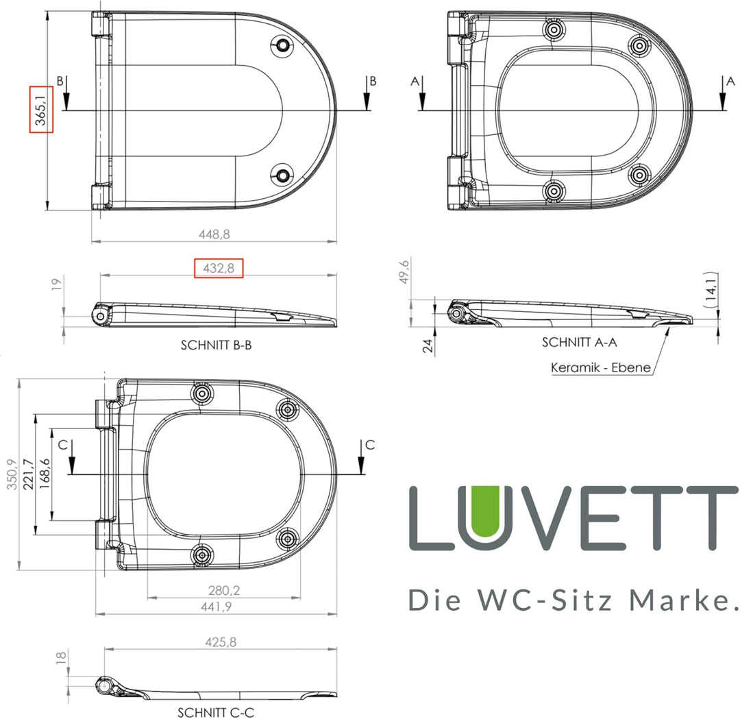 LUVETT® D350 Toilettendeckel mit Absenkautomatik D Form Weiss - SoftClose Klodeckel Abnehmbar - Klob