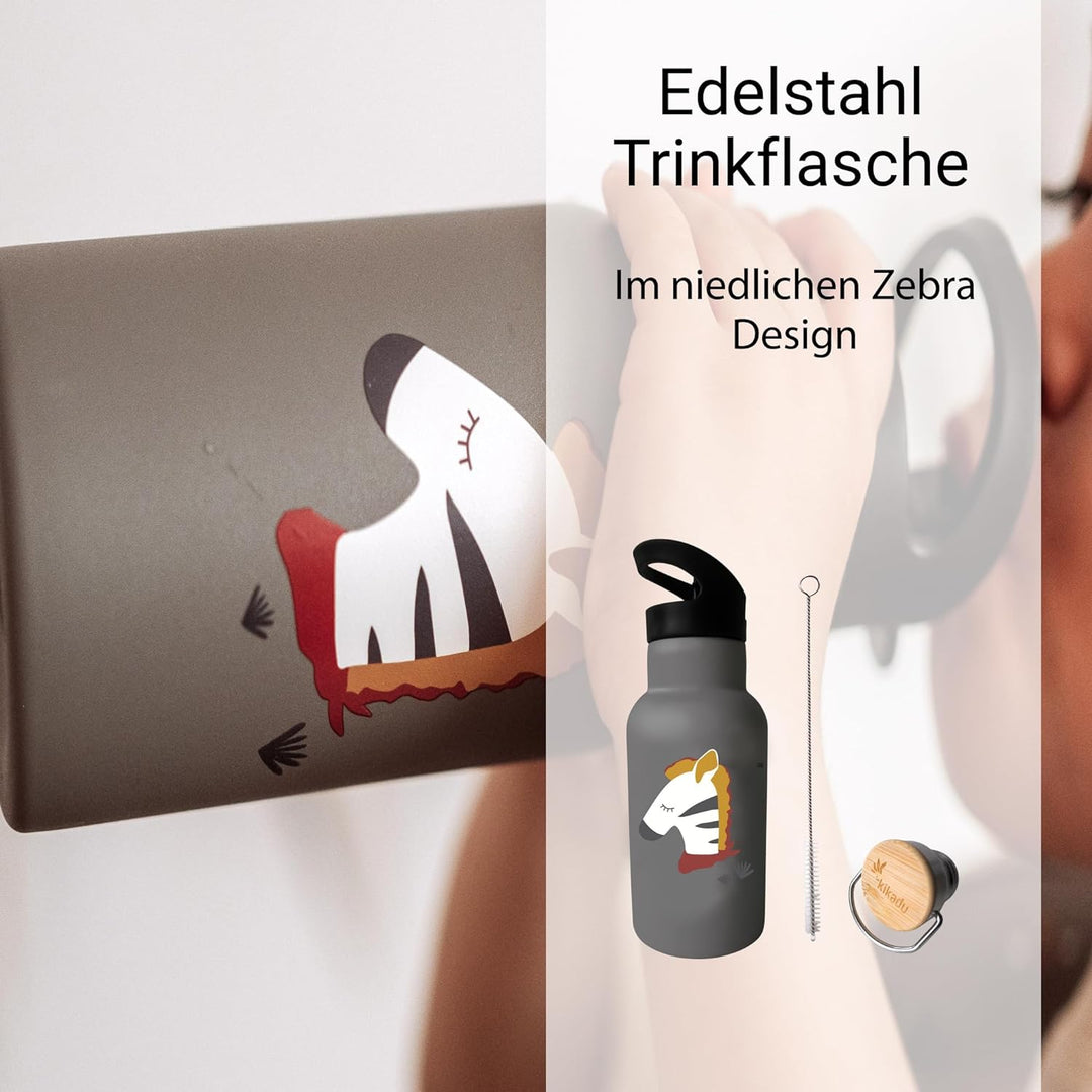 kikadu Trinkflasche Zebra Grau - Kindergeschirr, BPA-frei, mit niedlichen Aufdrucken, Fassungsvermög