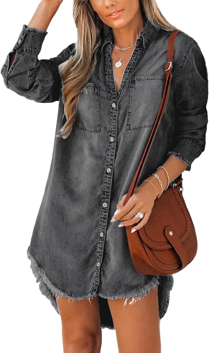 CUPSHE Damen Jeanshemd V Ausschnitt Knopfleiste Brusttaschen Asymmetrisch Jeansbluse Hemdblusen Deni