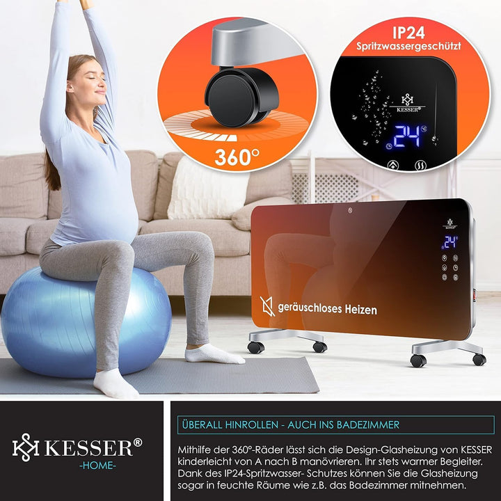 Kesser® Elektro Glasheizung Konvektor Elektroheizung Heizung Heizkörper (Schwarz), Schwarz