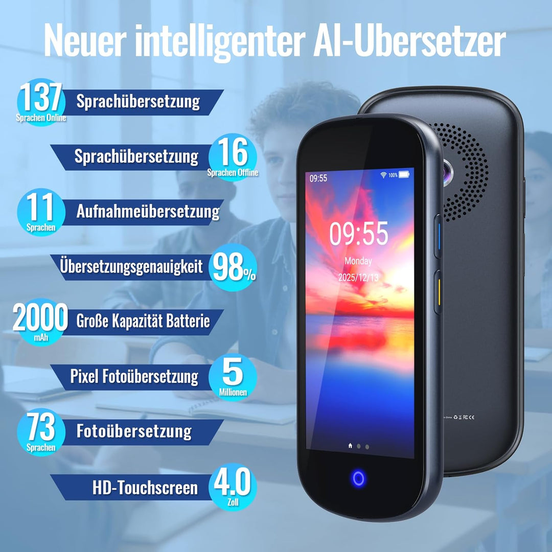 SKARA Sprachübersetzer Gerät ohne Internet, Echtzeit Übersetzer mit Sprachausgabe, 137 Sprachen & Ak