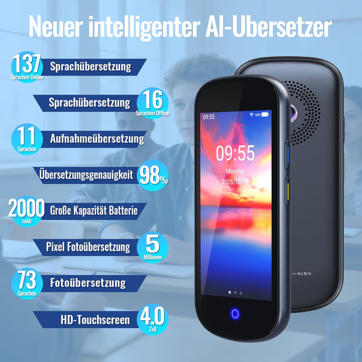 SKARA Sprachübersetzer Gerät ohne Internet, Echtzeit Übersetzer mit Sprachausgabe, 137 Sprachen & Ak