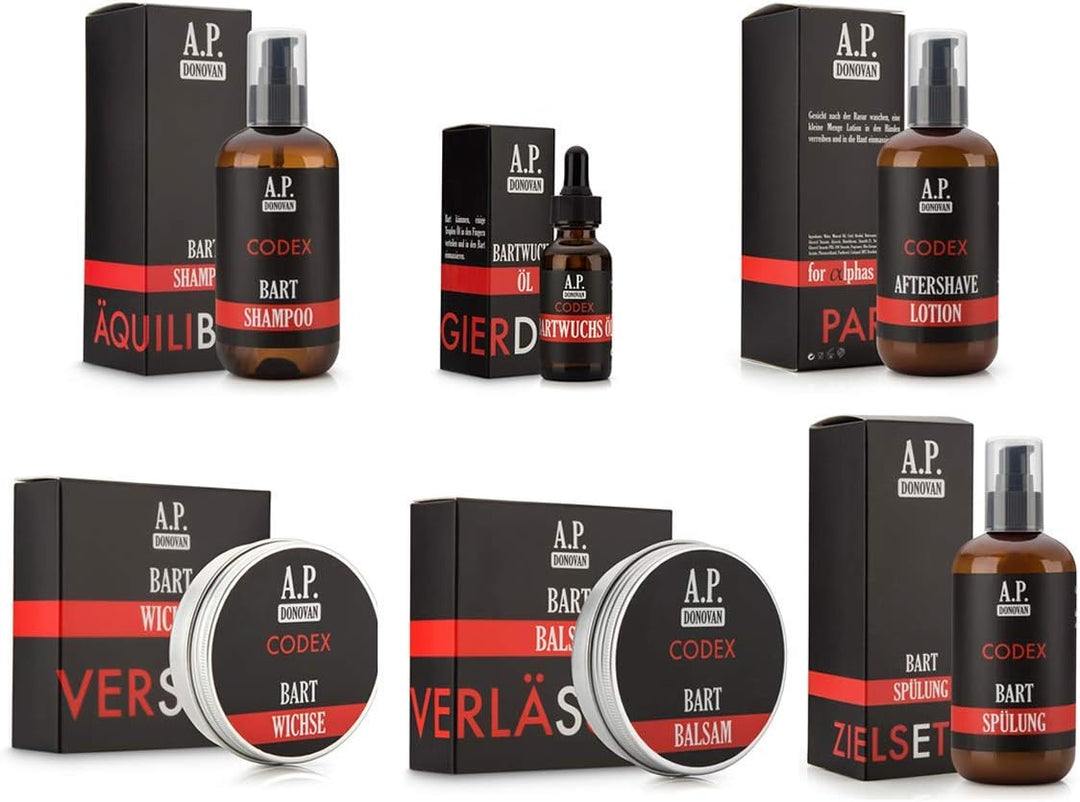 A.P. Donovan - Pflege Set für Männer | mit Bartbalsam, Bartwax, Bartspülung, Bartwuchsöl, Bartshampo