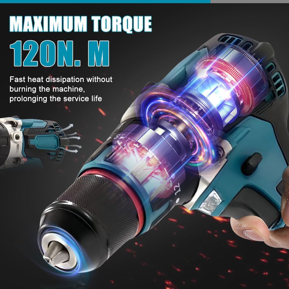 120Nm Akku Bohrschrauber Kompatibel mit Makita 18V Lithium-Akku, 20+3 Drehmomentstufen Bürstenloser