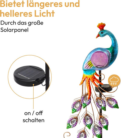 Gadgy Solardekofigur für aussen - Wasserdichte Solarlampe für aussen - Pfau Deko Solarleuchte Tiere