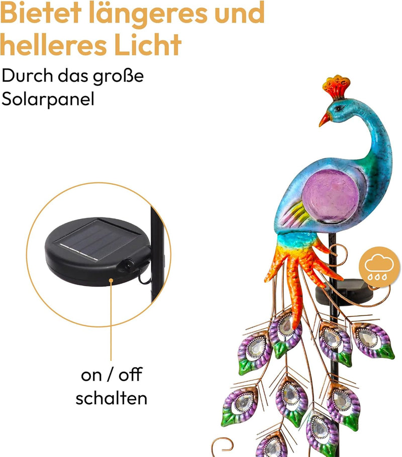 Gadgy Solardekofigur für aussen - Wasserdichte Solarlampe für aussen - Pfau Deko Solarleuchte Tiere