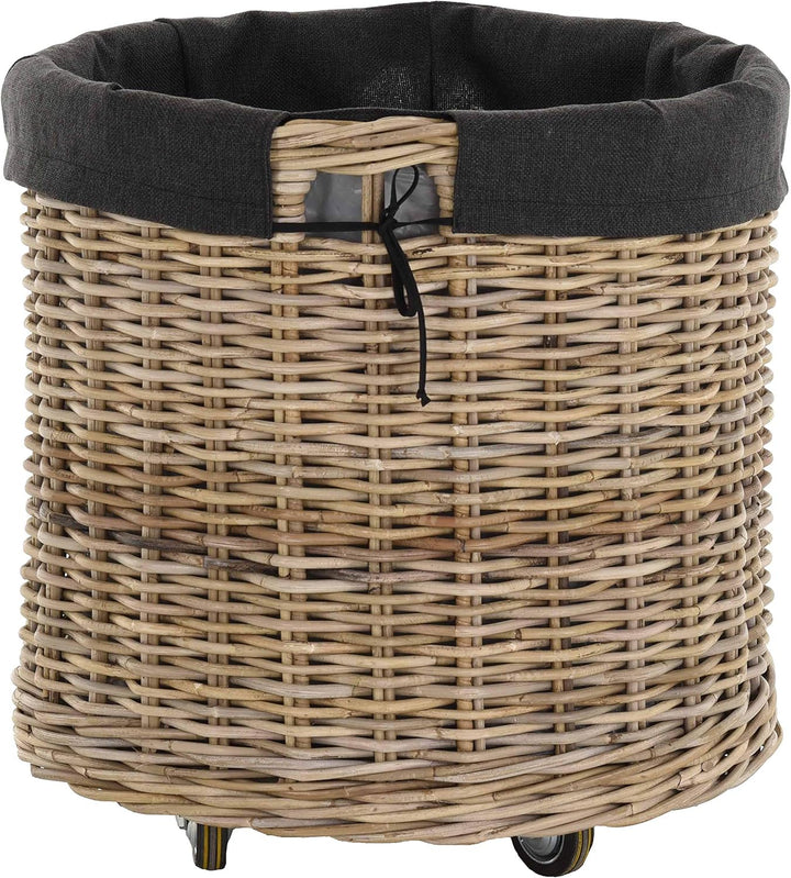 Grosser Rollkorb mit Griffen/Holzkorb mit Rollen aus grauem Natur Rattan/Aufbewahrung Holz-Wagen Räd