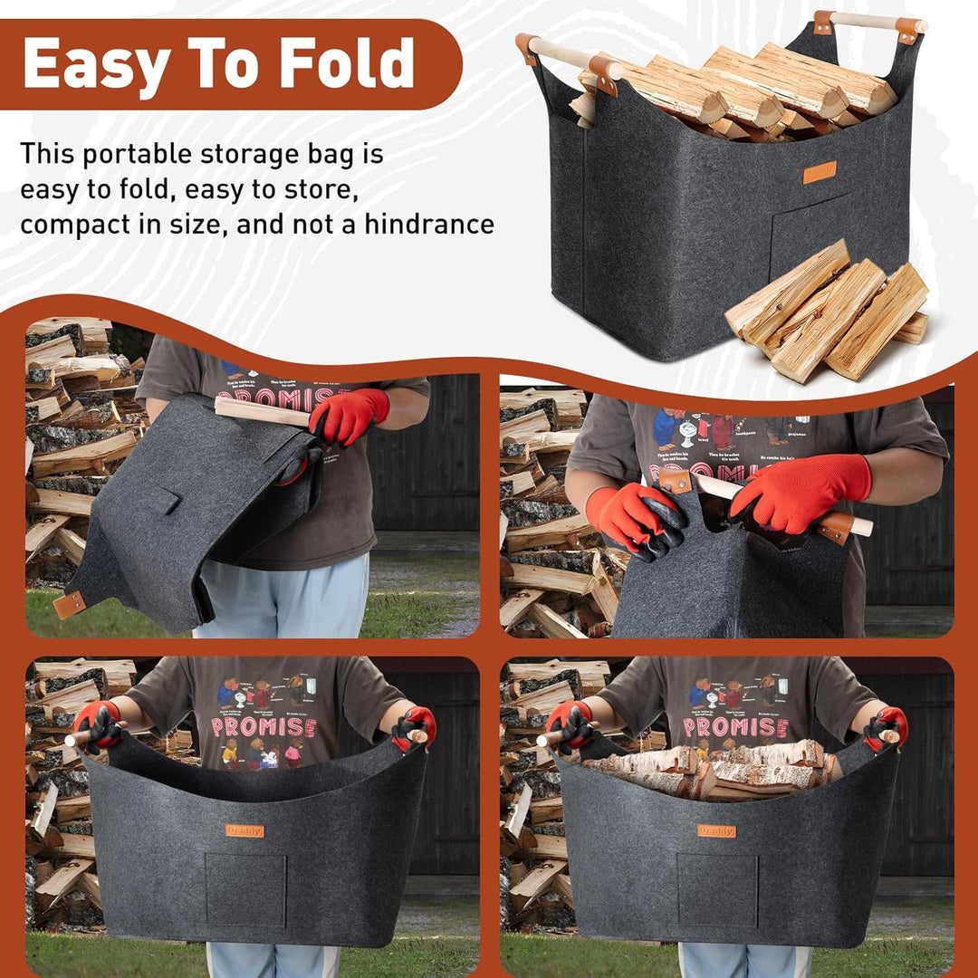 Faltbarer Holzkorb Filztasche 50 x 32 x 40 cm 70L, Korb Aus Brennholz Mit Griff, Extra Dicker Filzko