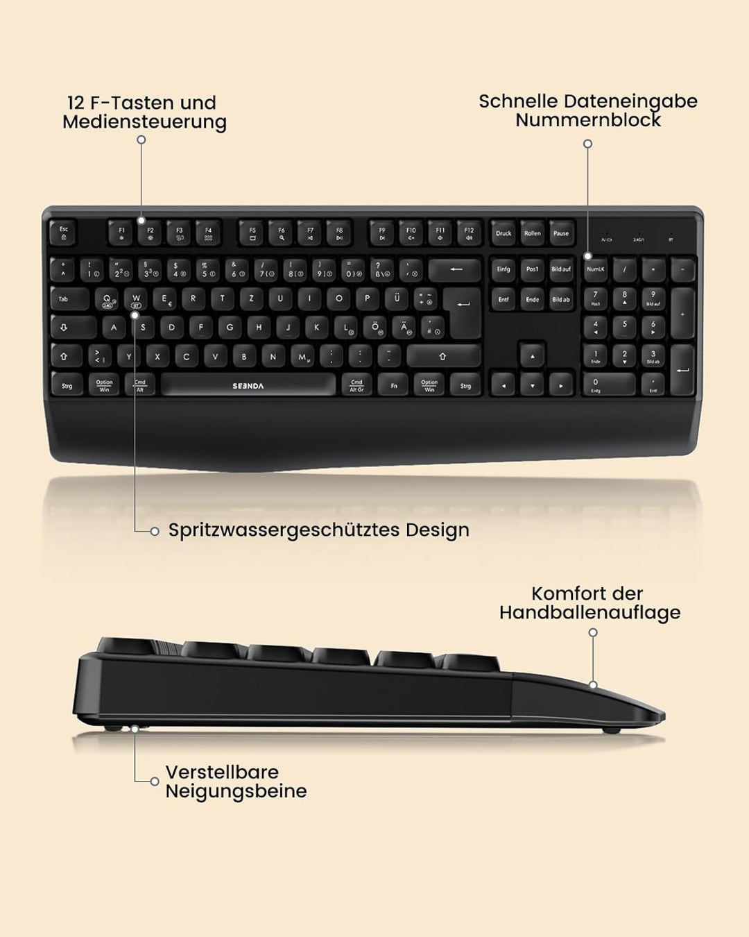 Bluetooth Tastatur mit Maus, Tastatur Maus Set Kabellos Ergonomisch, 2,4 G USB/Bluetooth Multi-Gerät
