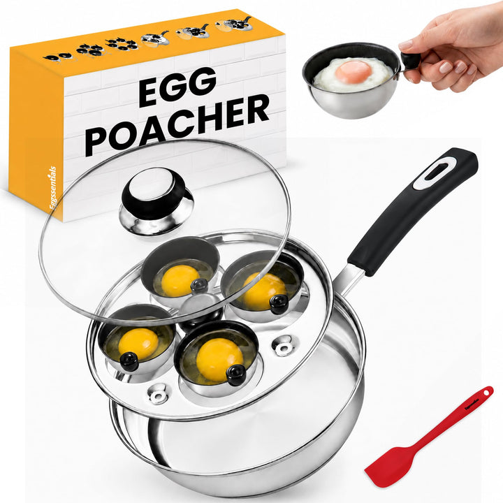 Eggssentials Pochierte Eierkocher aus Edelstahl, lebensmittelecht, PFOA-frei, mit Pfannenwender, 4 P