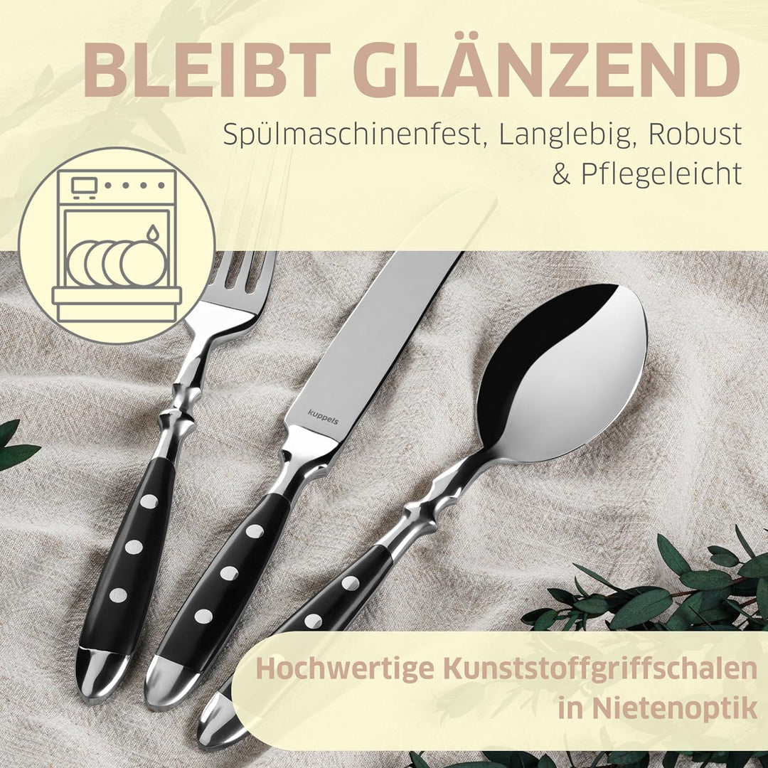 Kuppels COUNTRY Besteck Set 6 Personen 30-teilig, schwarzes Edelstahlbesteck mit 3-fach genieteten K