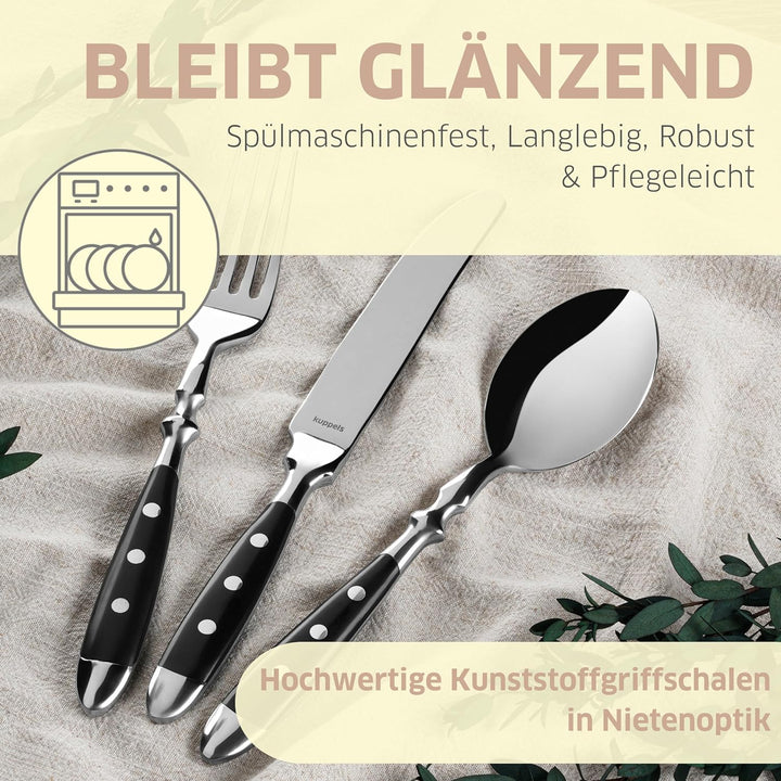 Kuppels COUNTRY Besteck Set 6 Personen 30-teilig, schwarzes Edelstahlbesteck mit 3-fach genieteten K
