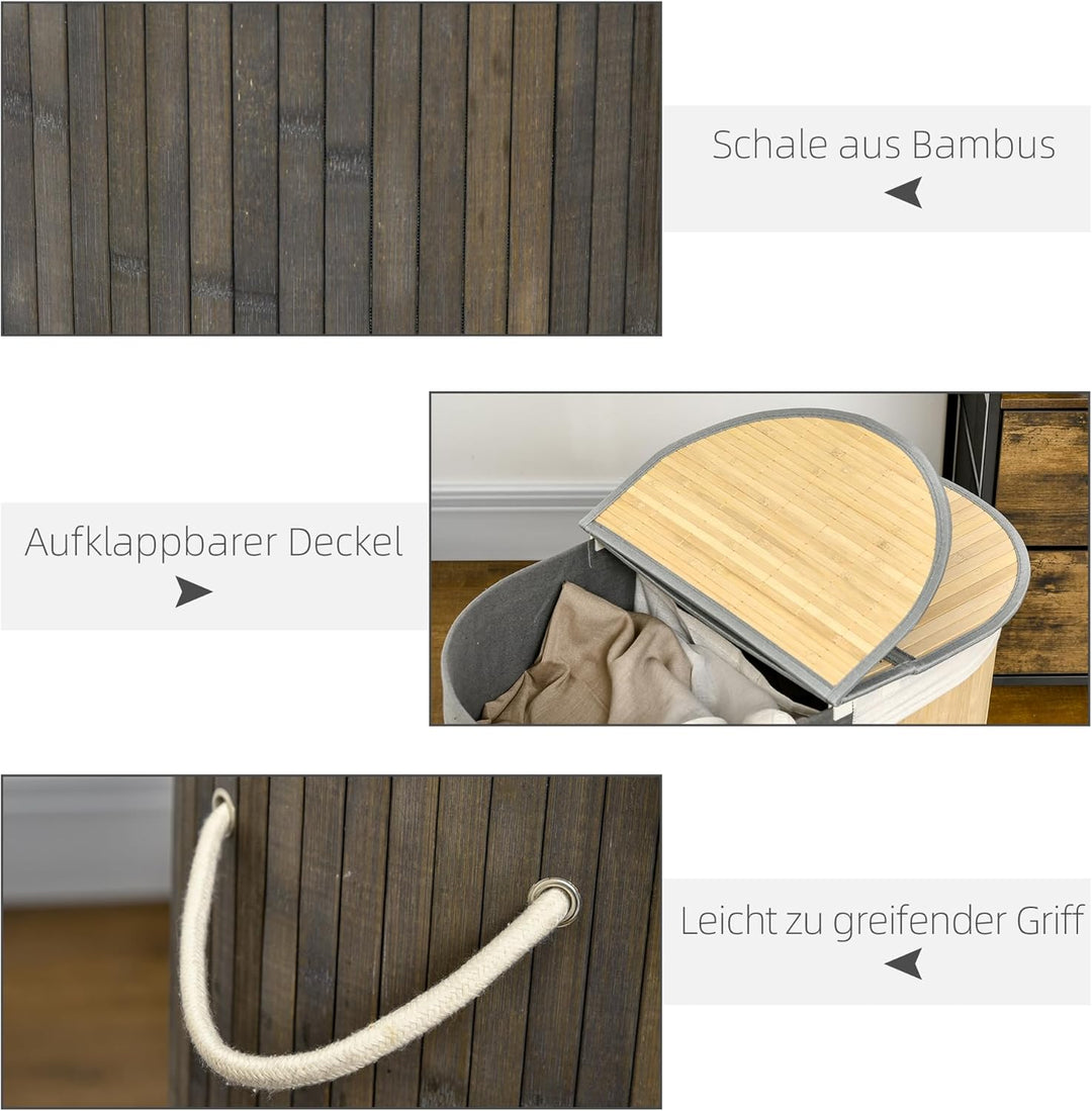 HOMCOM Bambus Wäschekorb mit Deckel 100L Wäschesammler mit Griffen, 2 herausnehmbarer Wäschesack, Wä