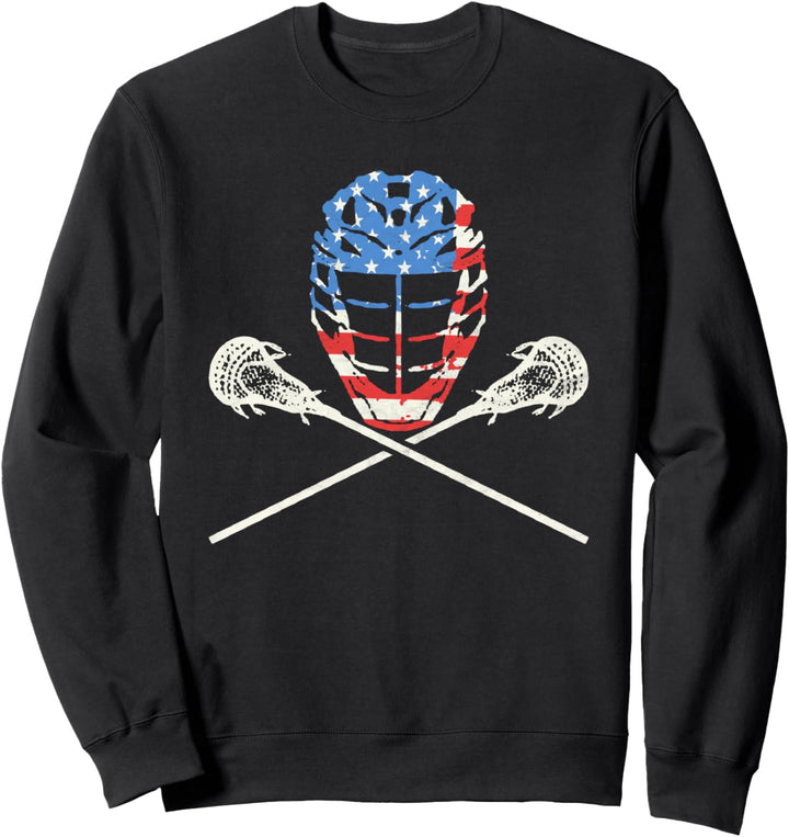 Lacrosse Helmet & Crossed Sticks Retro American USA Flag Sweatshirt