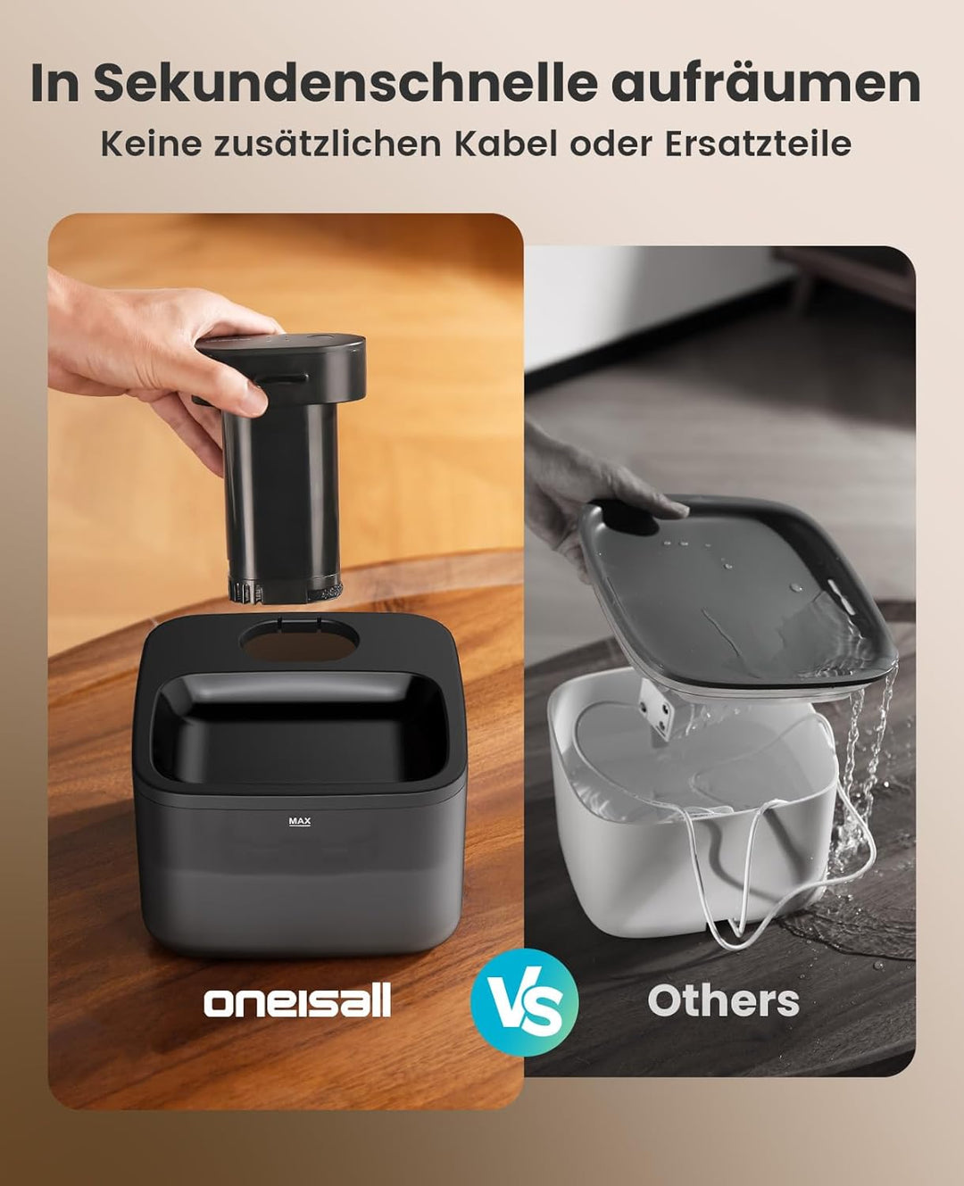 oneisall katzenbrunnen kabellos, 2.2 L trinkbrunnen für Katze kabellos mit bewegungsmelder, 20 dB ul
