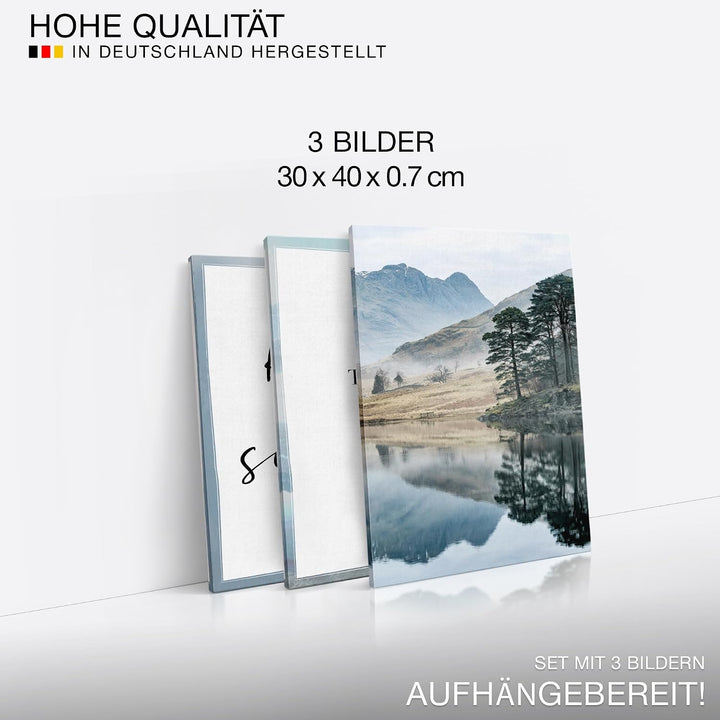 Novart Wandbilder Set See Berge - KOMPLETT AUFHÄNGFERTIG - Wohnzimmer Schlafzimmer Deko - 3 Moderne